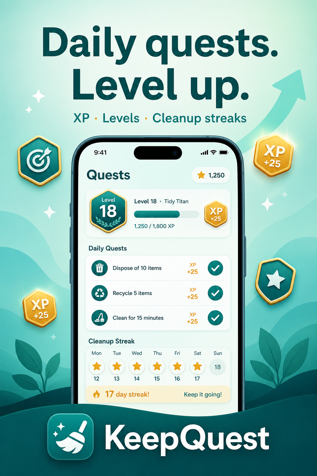 Daily quests, XP, and cleanup streaks