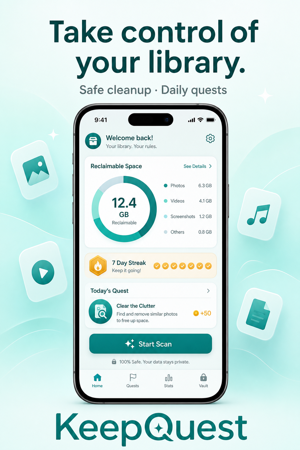 KeepQuest: Take control of your library. Safe cleanup and daily quests.