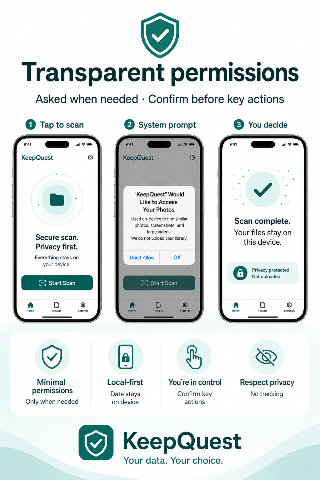 Privacy-first cleanup messaging in KeepQuest